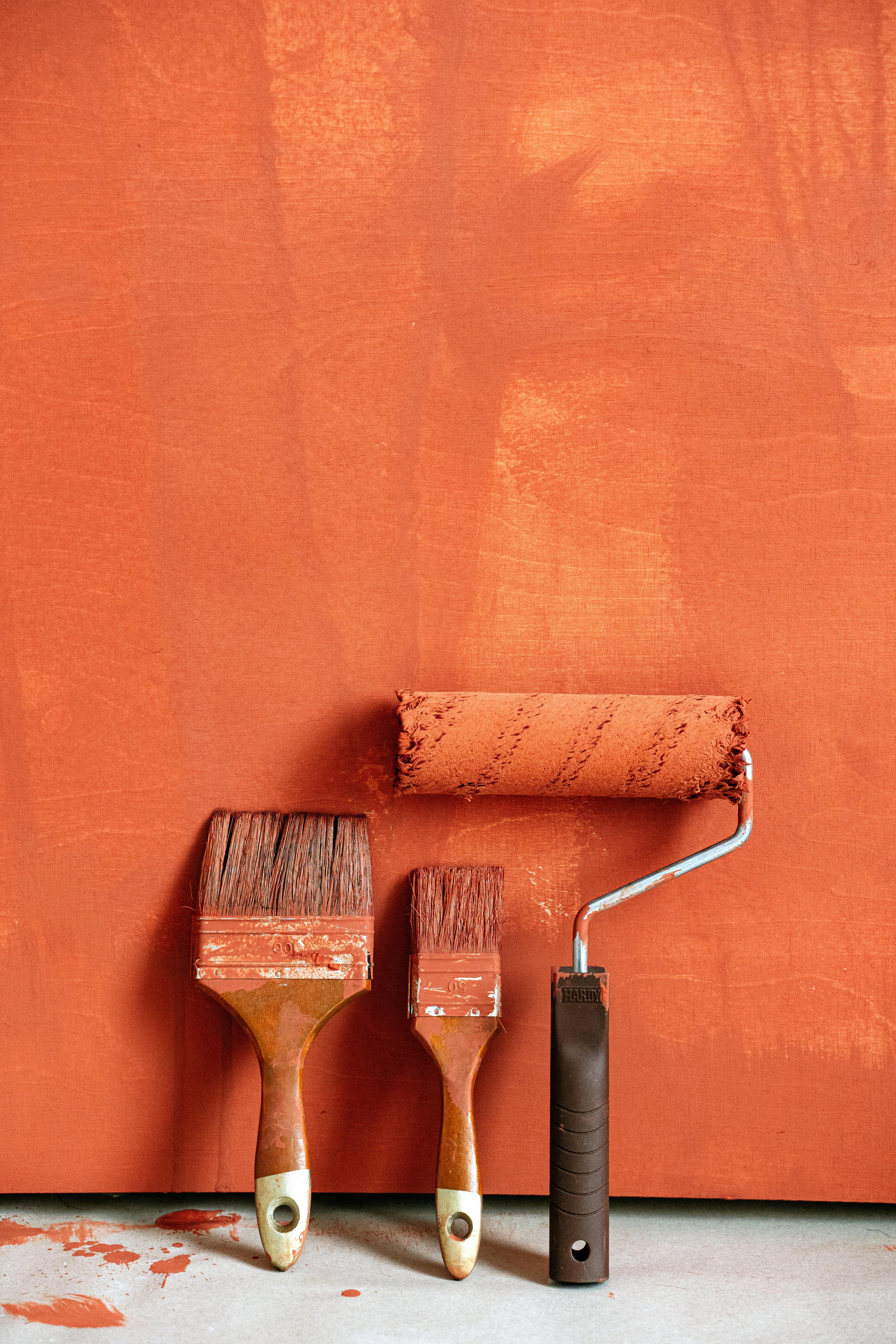 paintbrushes on an orange wall